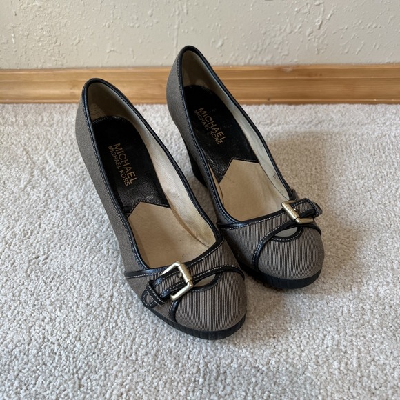 Michael Michael Kors Reese Canvas Wedge Shoes Round Toe Buckle Y2K Designer - Picture 1 of 11